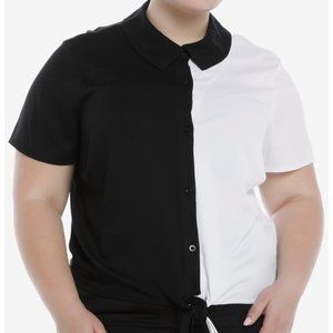Black & White Split Tie-Front Girls Woven Button-Up Plus Size
